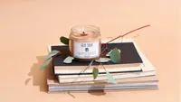 An image of an Evil Queen candle (Old Soul) atop a stack of books and a eucalyptus sprig on a pink, peachy background.