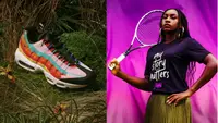 A shoe next to a women holding a tennis racket