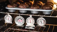 Four of the best oven thermometers Reviewed tested hang inside an oven under a tray of chocolate muffins.