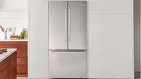 A vanity shot of the Bosch B36CT80SNS French-door refrigerator installed in an upscale kitchen.