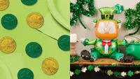 St. Patrick's day decorations; coins on a green background and a leprechaun balloon on a table