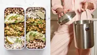 Food in containers and a compost bin.