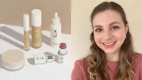 A grouping of Ilia Beauty products and the author after applying the Ilia makeup.
