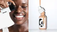 On the left: A model holds the Kosas Tinted Oil Foundation in front of her left eye and smiles. On the right: A bottle of the Glossier Skin Tint sits on a white background with a fair shade of the foundation dripping down the side of the Glossier logo. The cap is off.
