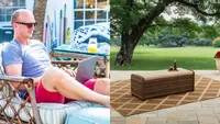 On right, man wearing sunglasses reclines in patio chair outside while working on laptop. On right, tan rectangular ottoman on top of tan and cream rug.