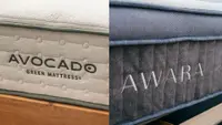 The embroidered logo and name on the Avocado Green Mattress next to the Awara mattress logo