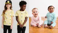 Left: a girl and a boy in matching yellow shirts with bees on them. The girl is on the left, and the boy is on the right. The girl is looking straight forward, is wearing a black baseball cap with a bee on it, and is smiling. The boy next to her has his hands crossed in front of him, has his head facing away from her and is smiling shy. Right: two babies sitting on a hardwood floor. On the left there's a white baby with a pink and white striped long sleeve onesie, and on the right there's an Indian baby with a green and white striped long sleeve onesie.