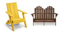 a modern, yellow Adirondack chair sits next to a pretty wood double Adirondack chair