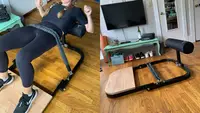 left: woman using bootysprout exercise machine. right: bootysprout exercise machine