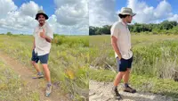 man giving thumbs up on prairie trail, man walking with hands in pocket on trail