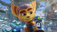 Video-game screenshot featuring Ratchet, a cat-like creature called a lombax, and his robot companion, Clank.