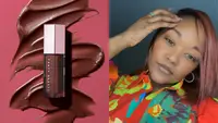 On the left: The Fenty Beauty Gloss Bomb Universal Lip Luminizer in a chocolate brown shade laying on a hot pink background with lip gloss swatched in a zig-zag pattern behind it. On the right: The author smiling at the camera while wearing products from Fenty Beauty.
