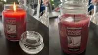 On left, burning "Home Sweet Home" by Yankee Candle. On right, "Home Sweet Home" by Yankee Candle with lid on.