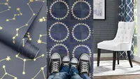 1) Blue constellation vinyl wallpaper. 2) blue and white vinyl flooring 3) a white vinyl chair.