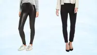 Black leggings against a light blue background