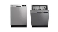 Two stainless steel refrigerators sit side by side, and the left one is slightly open