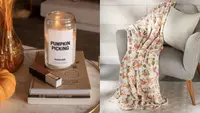 Left: a pumpkin candle sitting on two books next to a matchbook, a mini pumpkin, and a vase on a marble dish; Right: pumpkin decorative throw pillow draped on a chair