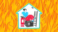 Illustration of person in a house with fire safety products surrounded by a background of fire