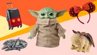 Five Disney-themed gifts on a colorful background: A Mickey suitcase, Lego Millenium Falcon, Grogu, Morris plush, and Minnie ears