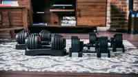The Bowflex adjustable dumbbells and the Core Home Fitness dumbbells side by side.