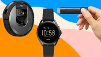 Black robot vacuum, black smart watch and hand holding a black Roku device