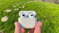 The all-white Apple AirPods (3rd) gen sit in their open case before a green pasture with a trail of mushrooms.