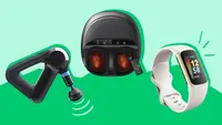 The Theragun massager and Fitbit Charge 5 on a graphic background for Reviewed's Best of Year