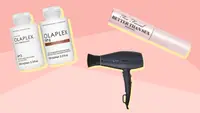 Olaplex, hair dryer, and mascara on a pink bakcground