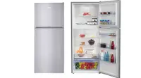 Two instances of the Beko fridge in a white void. On the left its doors are closed, showcasing its exterior. The second has its door open, showcasing its internal storage. Each bin and shelf is fully stocked with food.
