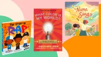 Three books on a pink, green, and orange background.