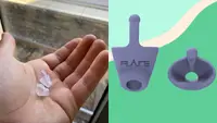 On left, person holding clear ear buds in palm. On right, purple ear buds.