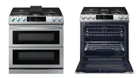 Samsung NY63T8751SS stainless steel range—oven closed on the left, oven open on the right.