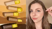 On the left: Several bottles of foundation in different shades lay next to each other. On the right: The author's face wearing a full face of makeup.