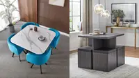 On left, square dinner table with four blue chairs. On right, square dinner table with four cube ottoman chairs.