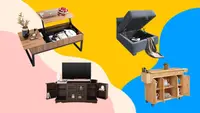 Wooden TV console, wooden kitchen island on wheels, computer desk and ottoman seat.