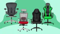 Two office chairs and two gaming chairs against a green background.