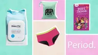 Collage with pack of wipes, Blue bag that reads be strong and American Girl book