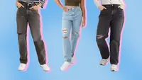 Models displaying distressed and ripped denim jeans.