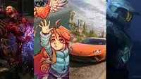 Collage showing screenshots from Doom: Eternal, Celeste, Forza Horizon 5 and Halo: Infinite.
