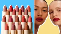A collection of lipsticks next to two models with the product applied to them.