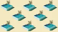 Illustration of several identical square above ground pools next to palm tree landscaping.