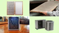 four part collage including air condition filters, outdoor A/C units, and a temperature testing sensor.
