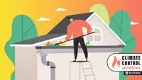 Illustration with a person cleaning leaves out of a house gutter