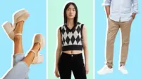 On left, person displaying platform closed-toe heels. In middle, model displaying cropped sweater vest and jeans. On right, model wearing button down shirt and khaki pants.