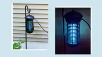 On left, bug zapper hanging outdoors next to home. On right, blue light lit up inside of bug zapper.