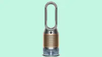 Close up of a Dyson air purifier against a green background.
