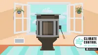 Illustration of a home with an air purifier in the middle of a room.