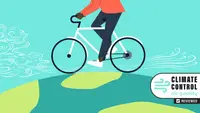 Graphic of a person riding a bicycle on the globe, with air currents in front of and behind the bicycle.