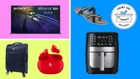 Suitcase, TV, earbuds on a colorful background