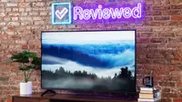 Close up of a television screen displaying a mountain landscape inside a living room.